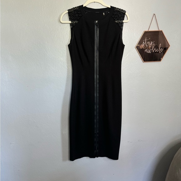 Eilie Tahari Black ZIp front Midi with Mesh Grommet Shoulders Size 2 - Picture 2 of 9